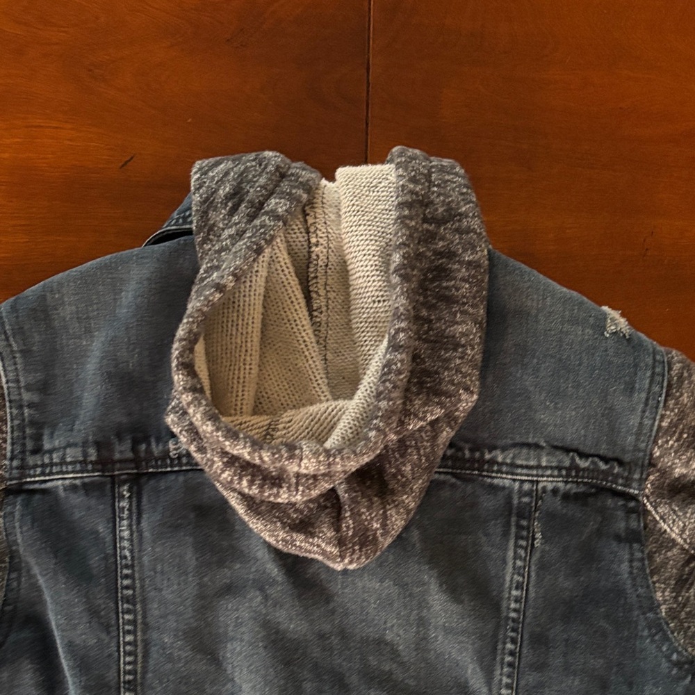 Free People Denim Jacket with Black and Gray Accents & Removable Hood. L - Picture 10 of 16